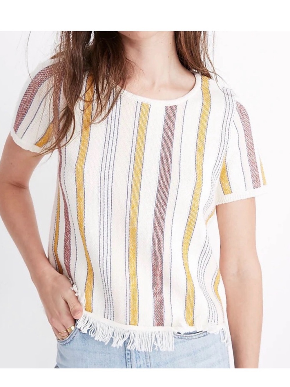 Madewell Cream Short Sleeve Striped Fringe Hem Top with Mustard & Dusty Rose